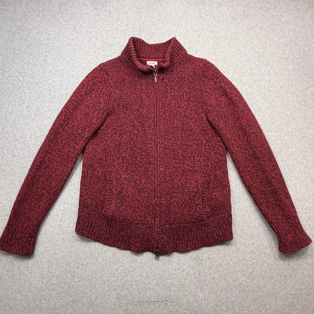 LL Bean Ragg Marled Lambswool Sweater Women Medium Red Mock Neck Pockets Zip